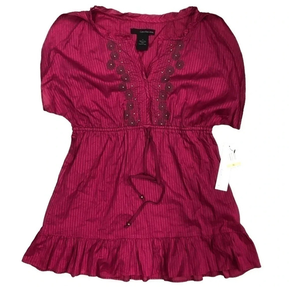 Calvin Klein Empire Waist Red Plum Top Womens medium NWT‎ Embroidered detail - Picture 1 of 7